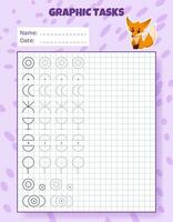 Drawing by cells. Educational game for preschool children. Worksheets with fox for practicing logic, motor skills. Graphic tasks for kids with different objects and elements. Vector illustration