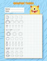 Drawing by cells. Educational game for preschool children. Worksheets with monster for practicing logic, motor skills. Graphic tasks for kids with different objects and elements. Vector illustration