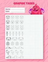 Drawing by cells. Educational game for preschool children. Worksheets with monster for practicing logic, motor skills. Graphic tasks for kids with different objects and elements. Vector illustration