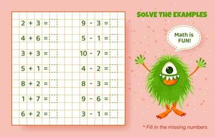 Solve the examples. Addition and subtraction up to 10. Mathematical puzzle game. Worksheet for preschool kids. Vector illustration. Cartoon educational game with cute monster for children.