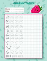 Drawing by cells. Educational game for preschool children. Worksheets with strawberry for practicing logic, motor skills. Graphic tasks for kids with different objects and elements. Vector