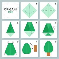 Tree origami scheme tutorial moving model. Origami for kids. Step by step how to make a cute origami oak tree. Vector illustration.