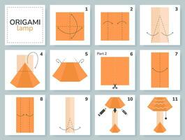 Lamp origami scheme tutorial moving model. Origami for kids. Step by step how to make a cute origami floor lamp. Vector illustration.