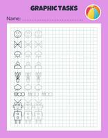 Drawing by cells. Educational game for preschool children. Worksheets for practicing logic and motor skills. Game for kids. Graphic tasks with different objects and elements. Vector illustration