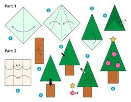 Christmas tree origami scheme tutorial moving model. Origami for kids. Step by step how to make a cute origami fir. Vector illustration.