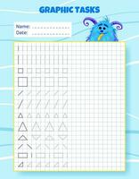 Drawing by cells. Educational game for preschool children. Worksheets with monster for practicing logic, motor skills. Graphic tasks for kids with different objects and elements. Vector illustration