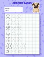 Drawing by cells. Educational game for preschool children. Worksheets with pug for practicing logic, motor skills. Graphic tasks for kids with different objects and elements. Vector illustration