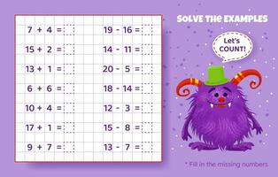 Solve the examples. Addition and subtraction up to 20. Mathematical puzzle game. Worksheet for preschool kids. Vector illustration. Cartoon educational game with cute monster for children.