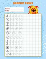 Drawing by cells. Educational game for preschool children. Worksheets with monster for practicing logic, motor skills. Graphic tasks for kids with different objects and elements. Vector illustration