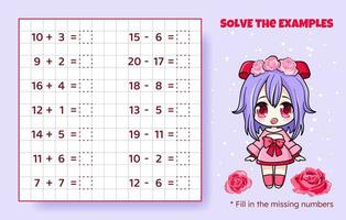 Solve the examples. Addition and subtraction up to 20. Mathematical puzzle game. Worksheet for preschool kids. Vector illustration. Cartoon educational game with cute anime girl for children.
