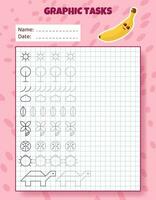 Drawing by cells. Educational game for preschool children. Worksheets with banana for practicing logic, motor skills. Graphic tasks for kids with different objects and elements. Vector illustration.