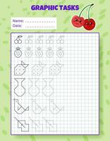 Drawing by cells. Educational game for preschool children. Worksheets with cherry for practicing logic, motor skills. Graphic tasks for kids with different objects and elements. Vector illustration.