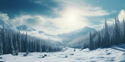 Generative AI, Winter aesthetic landscape panorama, muted neutral colors, forest and mountains. photo