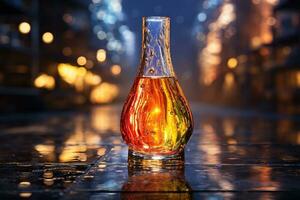 A glass vessel with an amber-colored liquid on a concrete surface on a blurred background. Abstract background. Created by artificial intelligence photo