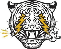 Tigre cara con relámpago tornillos y poder enchufe en sus boca. vector ilustración.