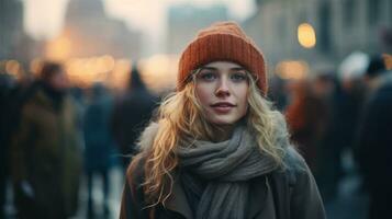 generativo ai, hermosa joven mujer en el Navidad justo, borroso fondo, invierno calle mercado en Europa. foto