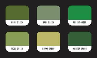 Green earth tone color palette in rgb vector with color name