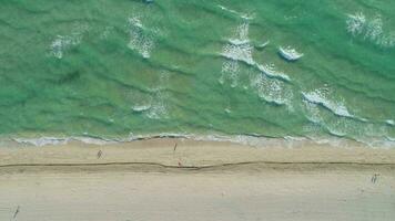 Sea with Waves and Sandy Beach at Sunny Day. Aerial Vertical Top-Down View. Slow Motion video