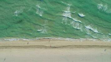 Sea with Waves and Sandy Beach at Sunny Day. Aerial Vertical Top-Down View. Slow Motion video