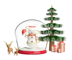 snow globe christmas decorative glass transparent with snowman holding Santa Claus hat, christmas tree, gift box, deer. merry christmas and happy new year, 3d render illustration png