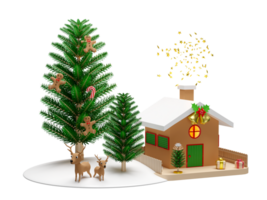 christmas tree with house, fence, jingle bell, deer, gift box, gingerbread man, candy cane. merry Christmas and festive New Year, 3d render illustration png