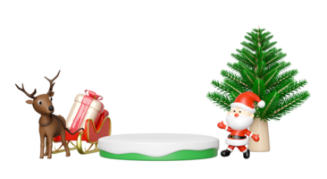 3d Podium empty with reindeer,  Santa Claus, sleigh, gift box, christmas tree. merry christmas and happy new year, 3d render illustration png