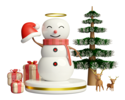 sneeuwman Holding de kerstman claus hoed Aan podium met Kerstmis boom, geschenk doos, hert. vrolijk Kerstmis en gelukkig nieuw jaar, 3d geven illustratie png
