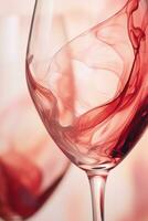 Macro details of swirling red and white wine in oversized crystal glasses captured in a palette of ruby red blush rose and crystalline clear photo