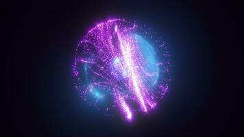 abstrato azul roxa energia brilhando digital esfera átomo fez do iridescente energia a partir de comovente elétrico plasma líquido em Preto fundo video
