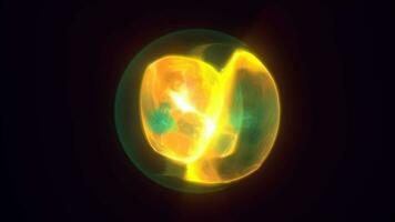 energie abstract geel groen gebied van snel glinsterende gloeiend vloeistof plasma, elektrisch magie ronde energie bal met barst van energie achtergrond video