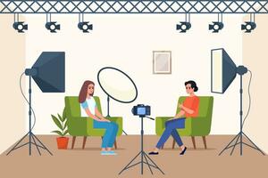 Shooting interview in professional studio. Soft box light, camera, spotlight. Professional equipment for video shooting. Two people having conversation on camera, making content. Vector illustration.