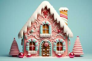 Candy ornamented gingerbread house amid Christmas Decor isolated on gradient pastel background photo