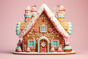 Candy ornamented gingerbread house amid Christmas Decor isolated on gradient pastel background photo