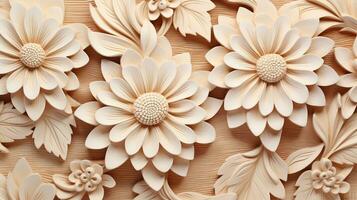 Generative AI, Carving natural wooden flowers, 3d pattern, brown and beige background photo