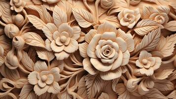 Generative AI, Carving natural wooden flowers, 3d pattern, brown and beige background photo