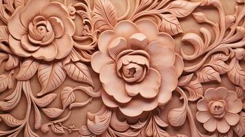 Generative AI, Carving natural wooden flowers, 3d pattern, brown and beige background photo