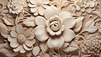 Generative AI, Carving natural wooden flowers, 3d pattern, brown and beige background photo