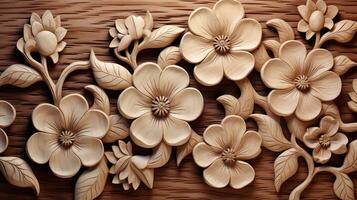 Generative AI, Carving natural wooden flowers, 3d pattern, brown and beige background photo