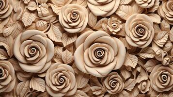 Generative AI, Carving natural wooden flowers, 3d pattern, brown and beige background photo