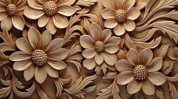 Generative AI, Carving natural wooden flowers, 3d pattern, brown and beige background photo