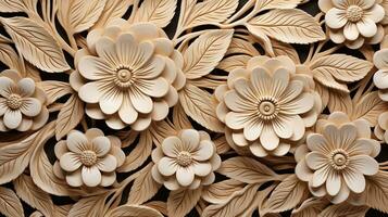 Generative AI, Carving natural wooden flowers, 3d pattern, brown and beige background photo