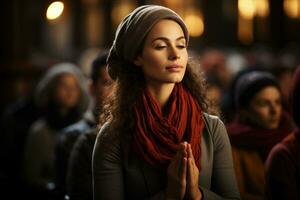 Spiritual moments of multi ethnic prayer reflecting in serene hues of meditation photo