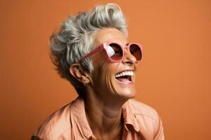 Senior woman laughing heartily isolated on a burnt sienna gradient background photo