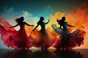 Ethnic dancers in motion isolated on a gradient background of flamenco red hula blue salsa orange and ballet pink photo