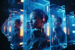 Futuristic close ups of multi ethnic faces lit by digital screens neon glow photo