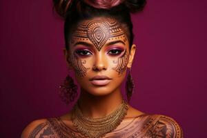 Portrait of ethnic facial tattoos isolated on a mystical magenta to ancient ochre gradient background photo