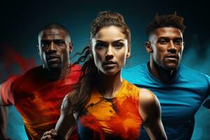 Multi ethnic athletes mid action isolated on a gradient background of energetic tones photo