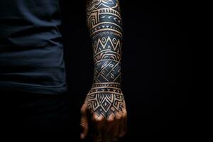 Monochrome ethnic tattoos emphasized with profound indigo and terracotta splashes photo