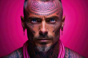 Portrait of ethnic facial tattoos isolated on a mystical magenta to ancient ochre gradient background photo