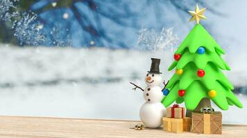 The Snowman and Christmas tree for celebrities or holiday concept 3d rendering. photo